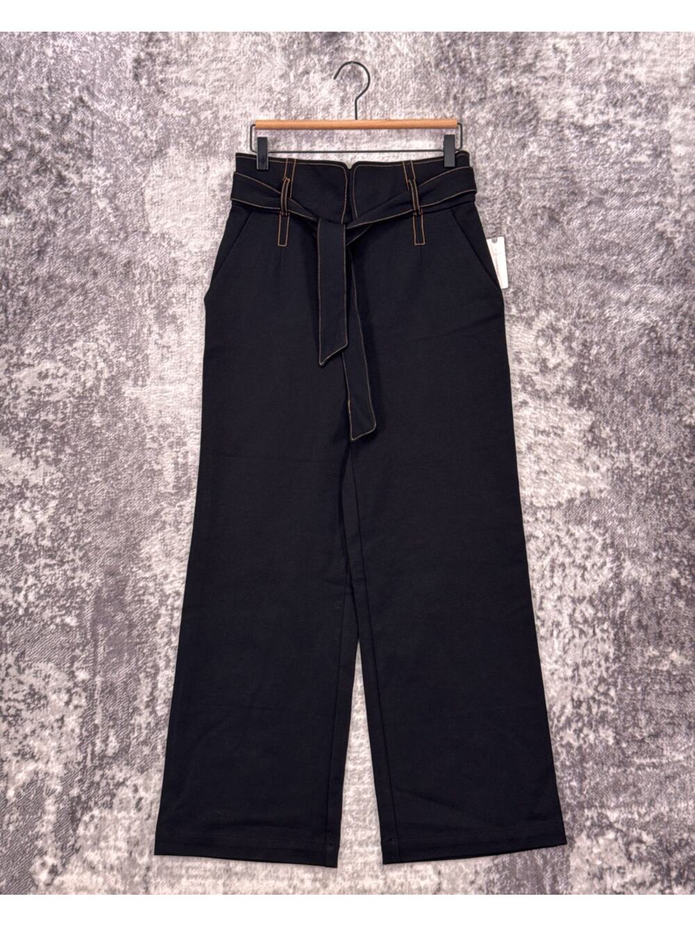 New Maeve Pants 6 Womens Anthropologie Black Canvas Wide Leg High Rise Belted